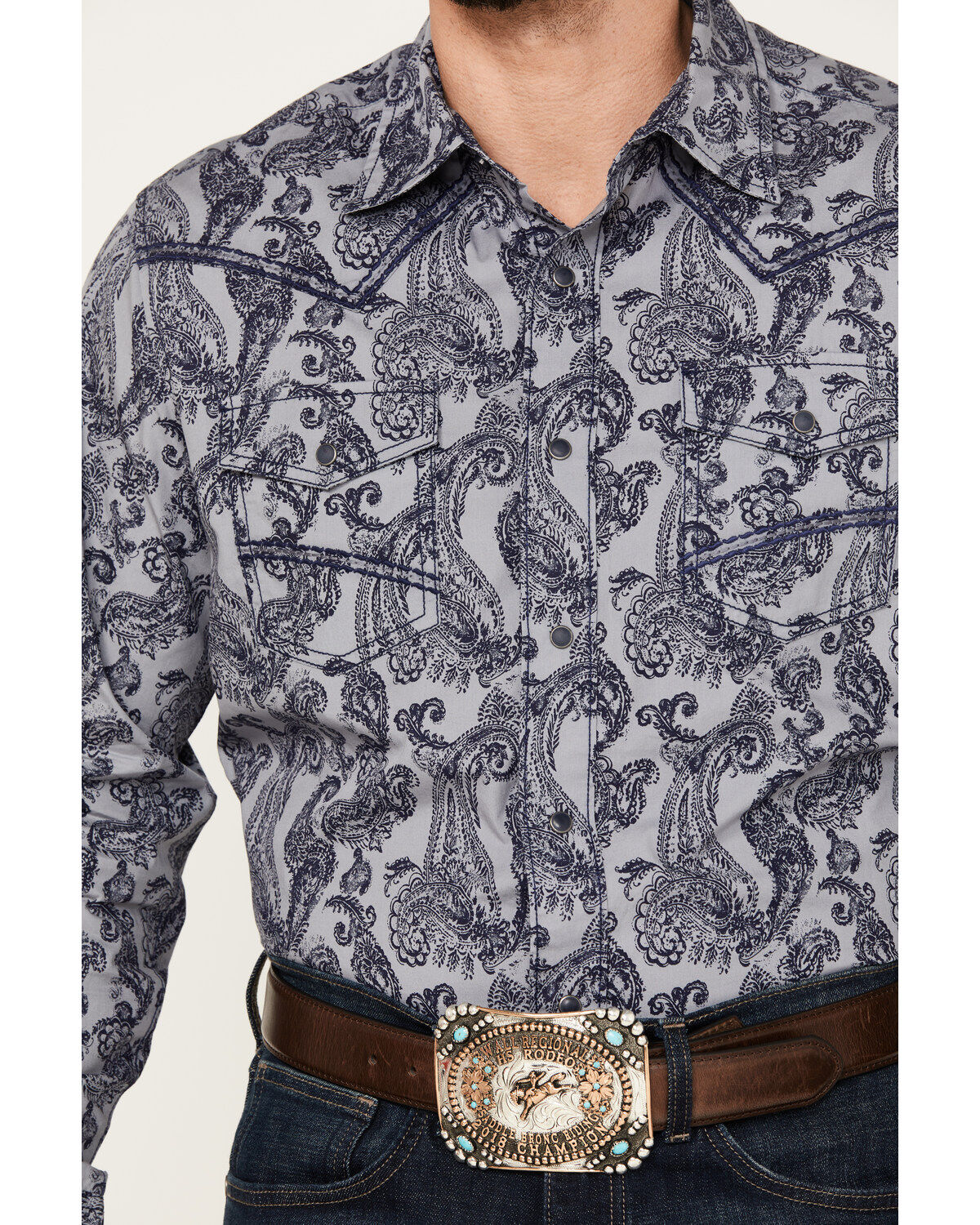Image #3 - Wrangler Men's Rock 47 Paisley Print Long Sleeve Snap Western Shirt, Navy, hi-res