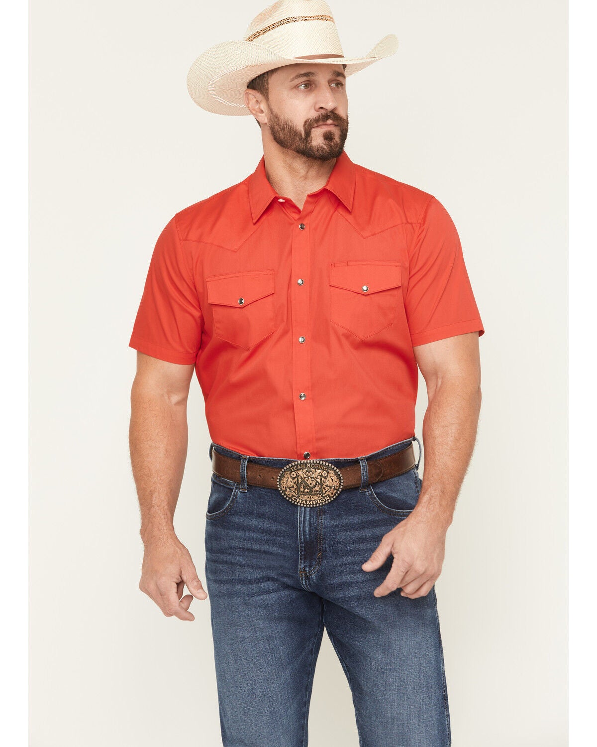 Gibson Trading Co Men's Solid Short Sleeve Snap Stretch Western Shirt, Red, hi-res