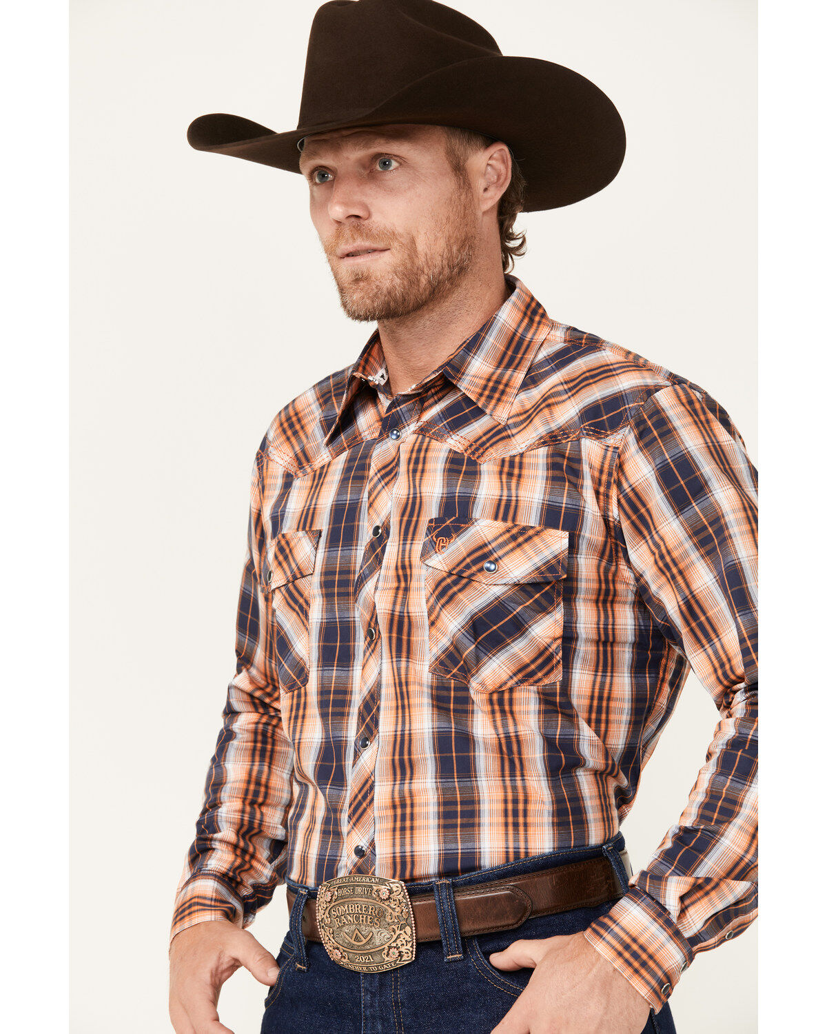 Image #2 - Cowboy Hardware Men's Hermosillo Plaid Print Long Sleeve Snap Western Shirt, Orange, hi-res