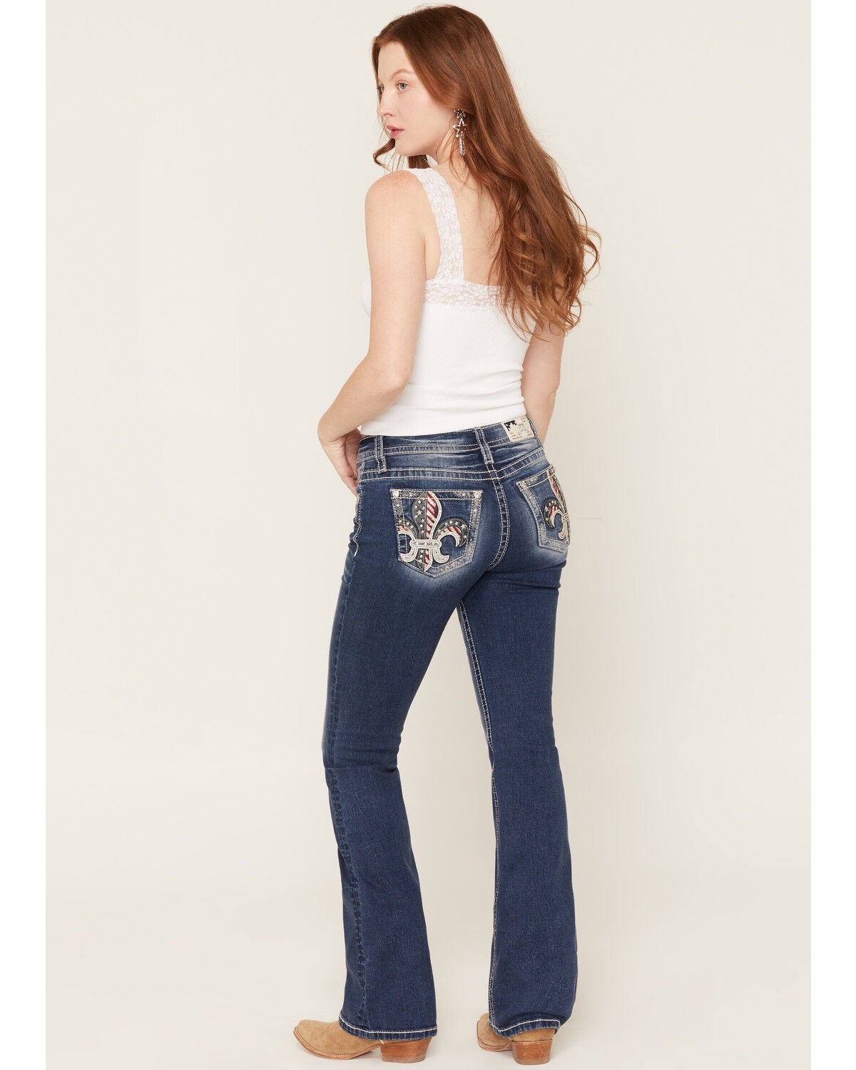 Miss Me Women's Dark Wash Americana Fleur de Lis Bootcut Stretch Denim Jeans, Dark Wash, hi-res