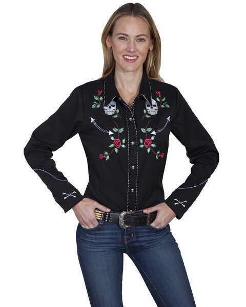 Scully Women's Skulls and Roses Embroidered Long Sleeve Western Snap Shirt, Black, hi-res