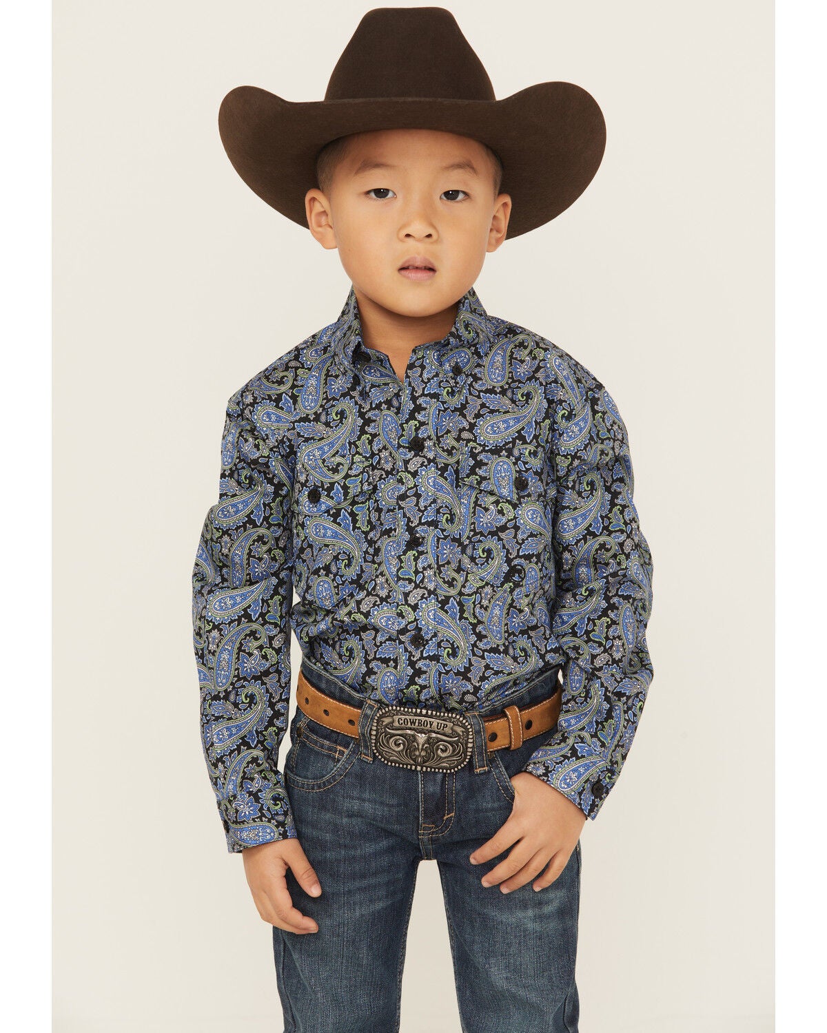 Roper Boys' Paisley Print Long Sleeve Button-Down Western Shirt, Blue, hi-res