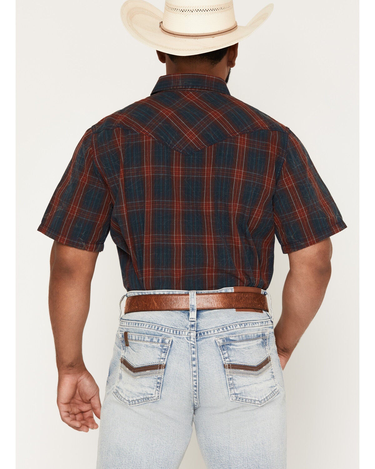 Image #4 - Cody James Men's Pool Shark Plaid Print Crackle Short Sleeve Snap Western Shirt, Navy, hi-res