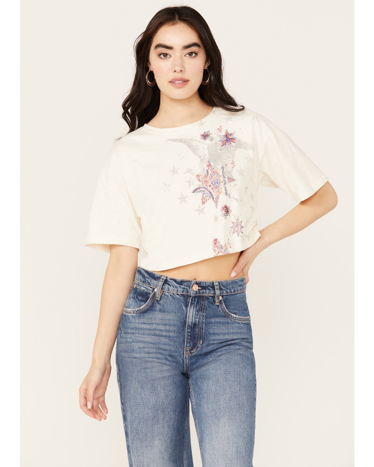 Shyanne Women's Americana Eagle Star Cropped Short Sleeve Graphic Tee, Cream, hi-res