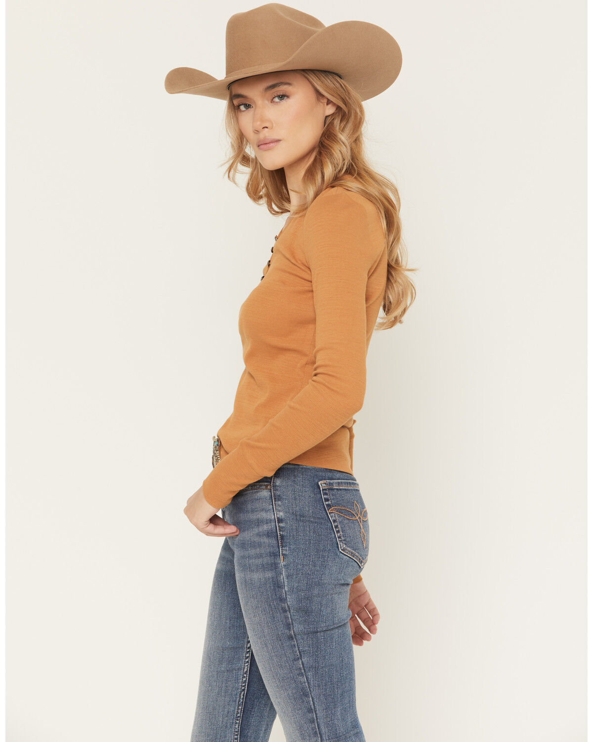 Image #2 - Shyanne Women's Solid Ribbed Long Sleeve 1/4 Button-Down Tee, Pecan, hi-res