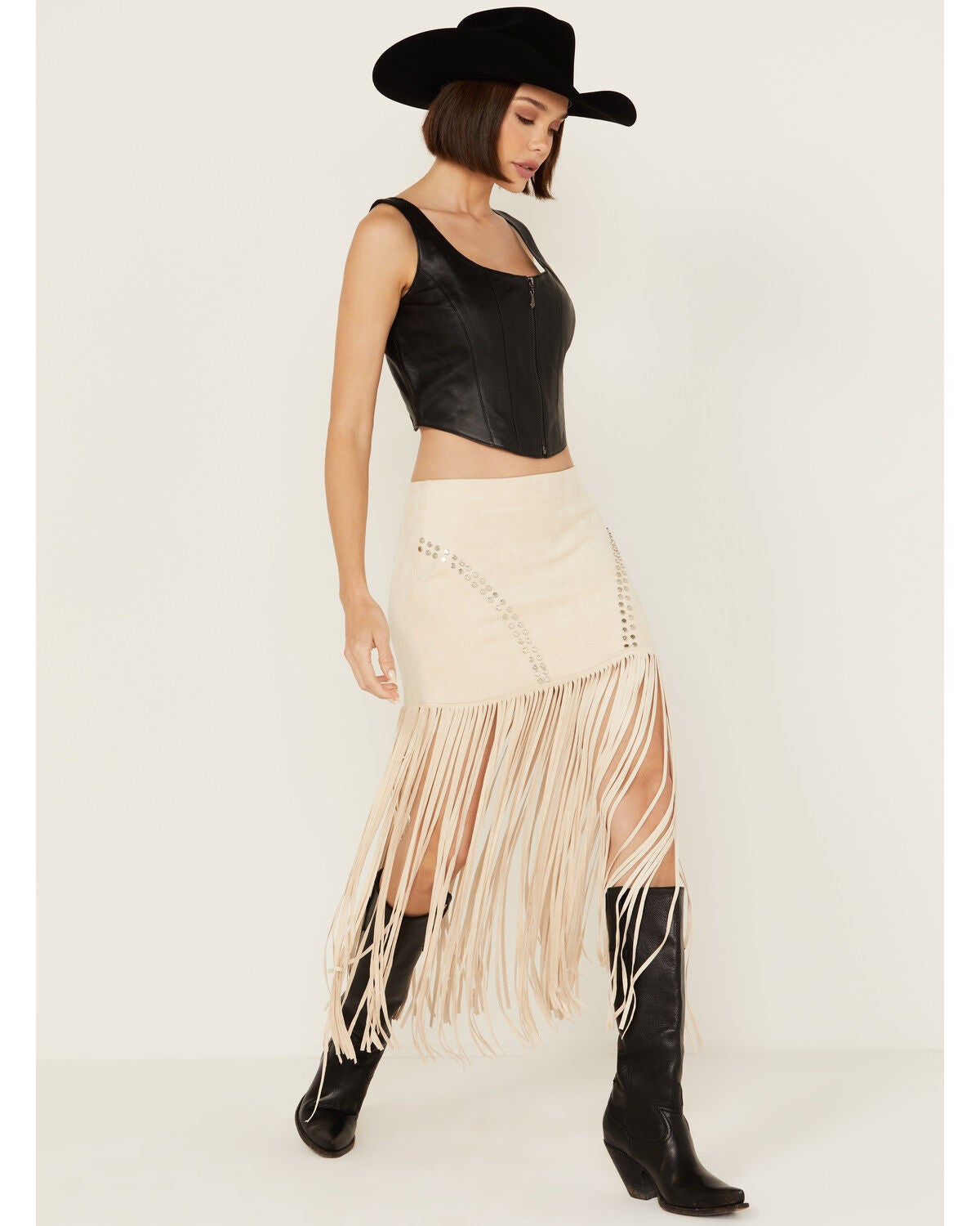 Vocal Women's Fringe Studded Skirt, Natural, hi-res