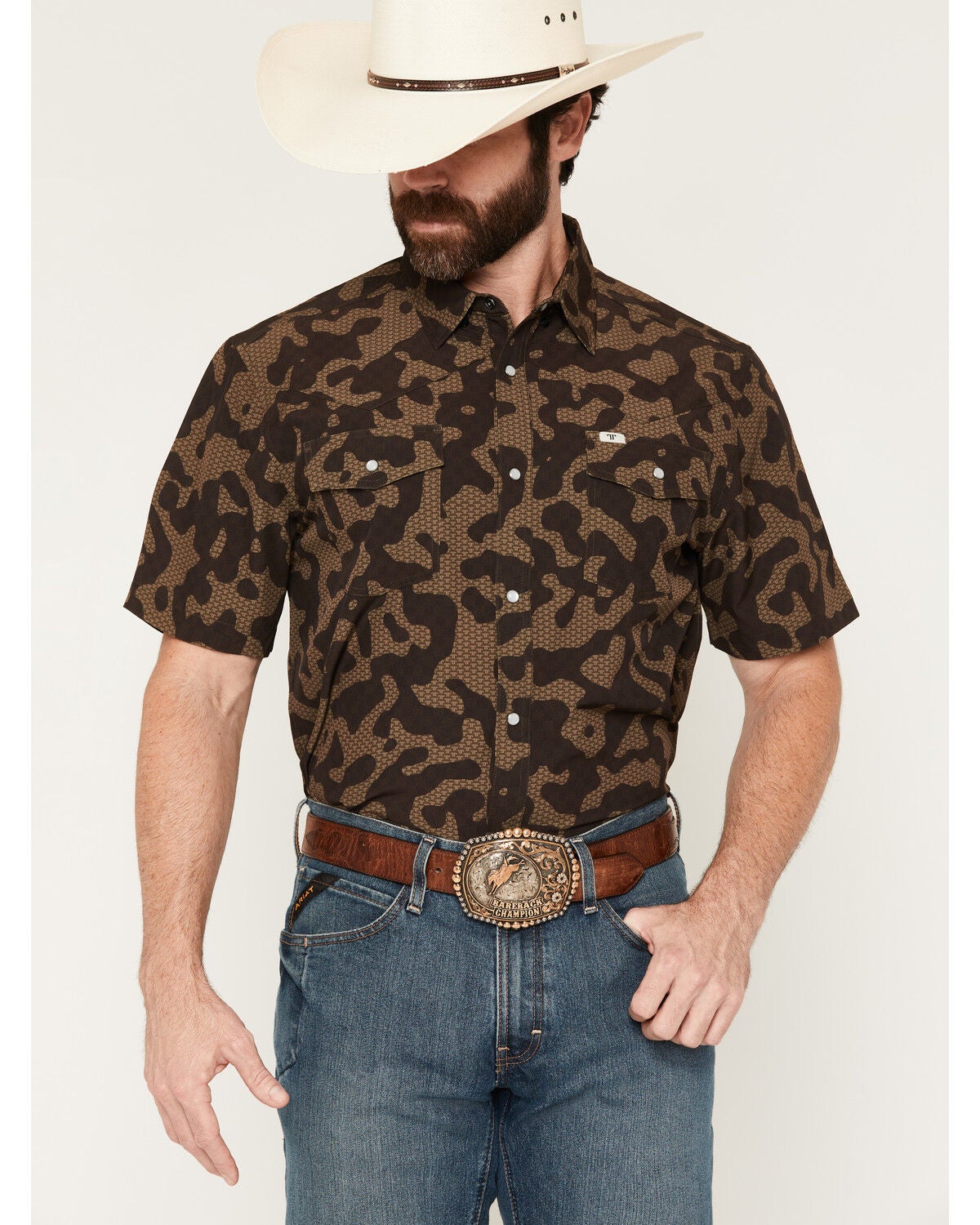 Image #1 - Ferrell Men's Gage Camo Print Short Sleeve Snap Stretch Western Shirt, Brown, hi-res