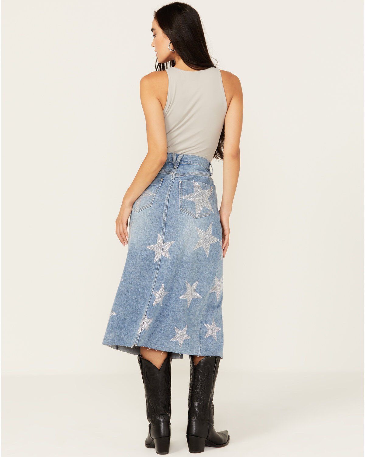 Image #3 - Vibrant Denim Women's Rhinestone Star Medium Wash Mid Length Denim Skirt, , hi-res