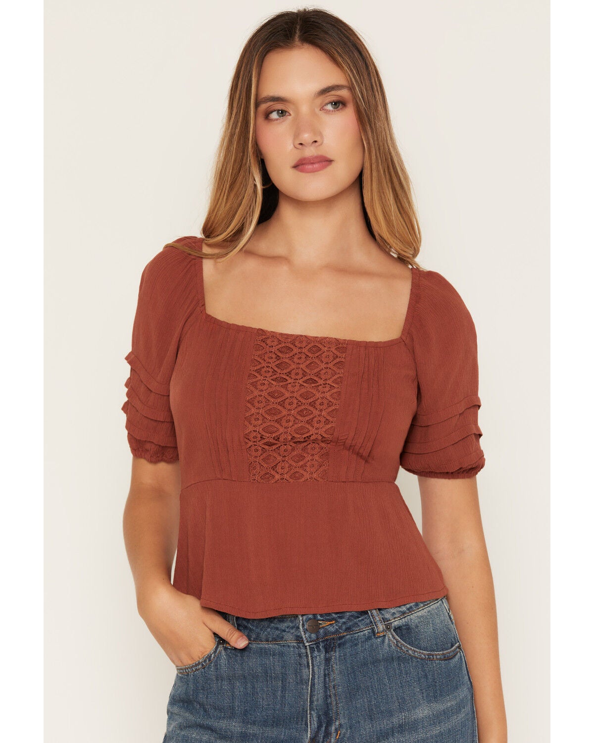 Image #1 - Lovestitch Women's Lace Front Short Sleeve Top, Rust Copper, hi-res