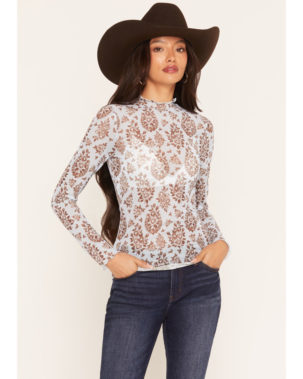 Image #1 - Wonderwest Women's Horseshoe Floral Print Long Sleeve Mesh Top, Blue, hi-res