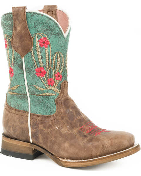 Image #1 - Roper Girls' Cactus Cutie Burnished Brown/Turquoise Cowgirl Boots - Square Toe, , hi-res