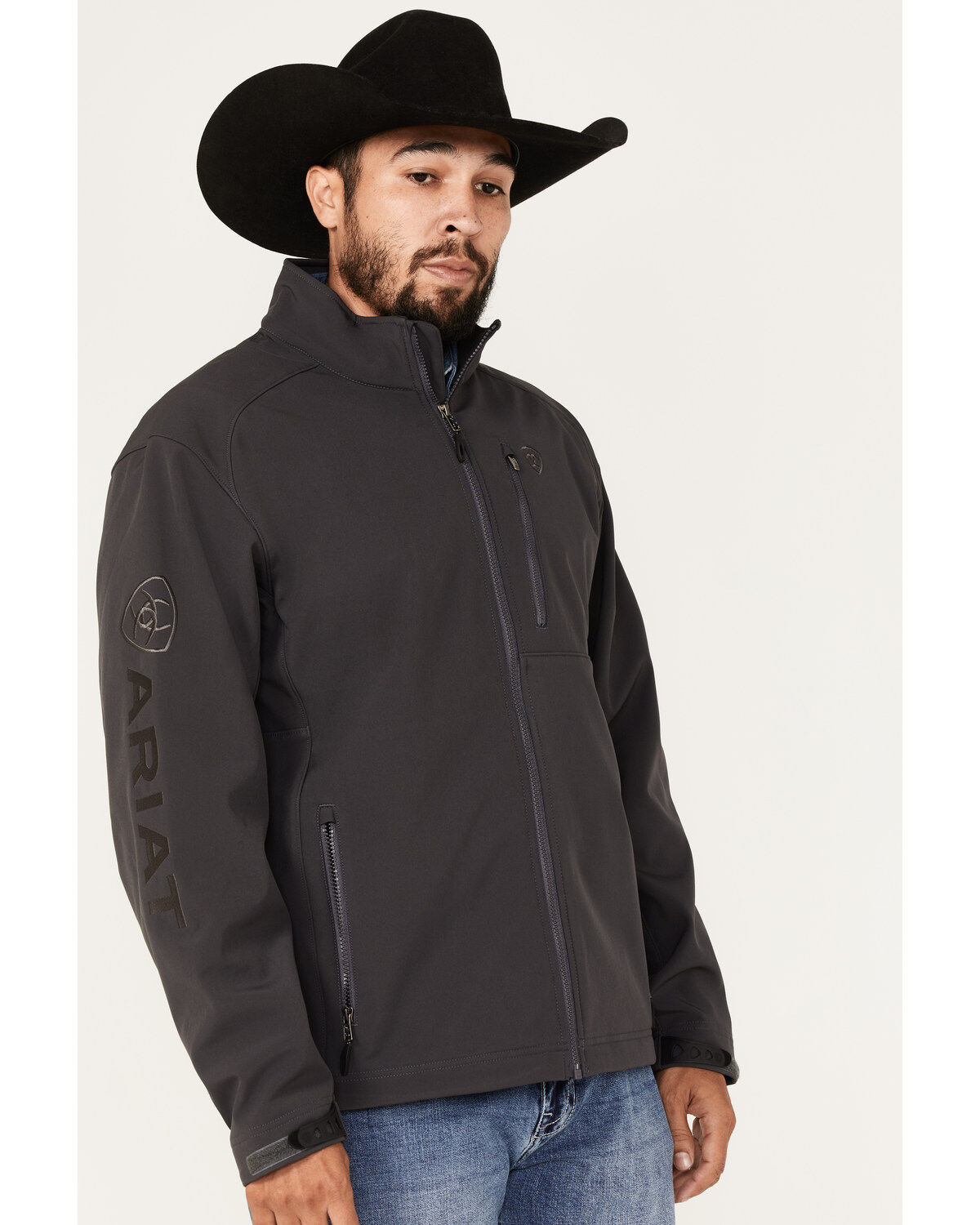 Image #2 - Ariat Men's Logo 2.0 Embroidered Zip Softshell Jacket - Tall, Dark Grey, hi-res