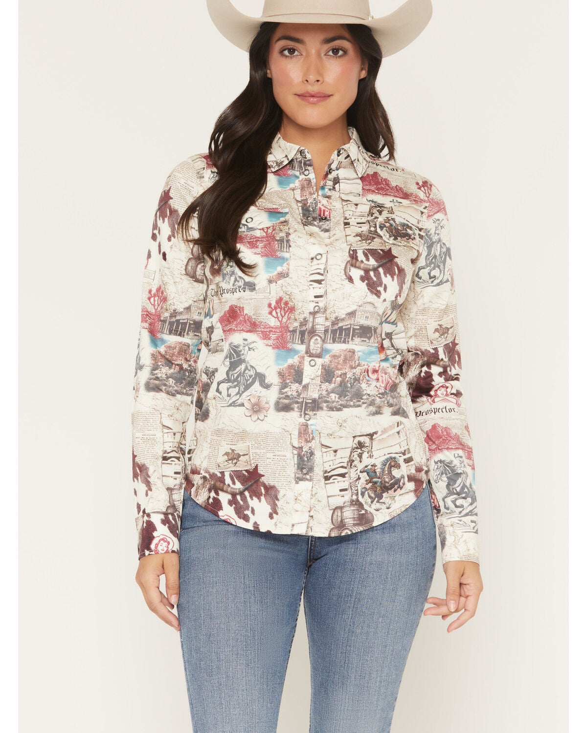 Shyanne Women's Spiritdance Conversational Print Long Sleeve Snap Stretch Western Shirt, Cream, hi-res
