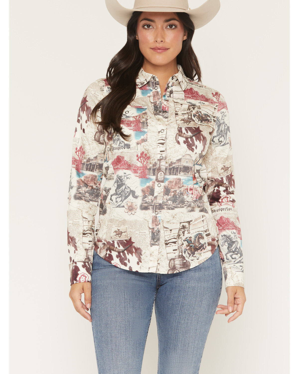 Image #1 - Shyanne Women's Spiritdance Conversational Print Long Sleeve Snap Stretch Western Shirt, Cream, hi-res