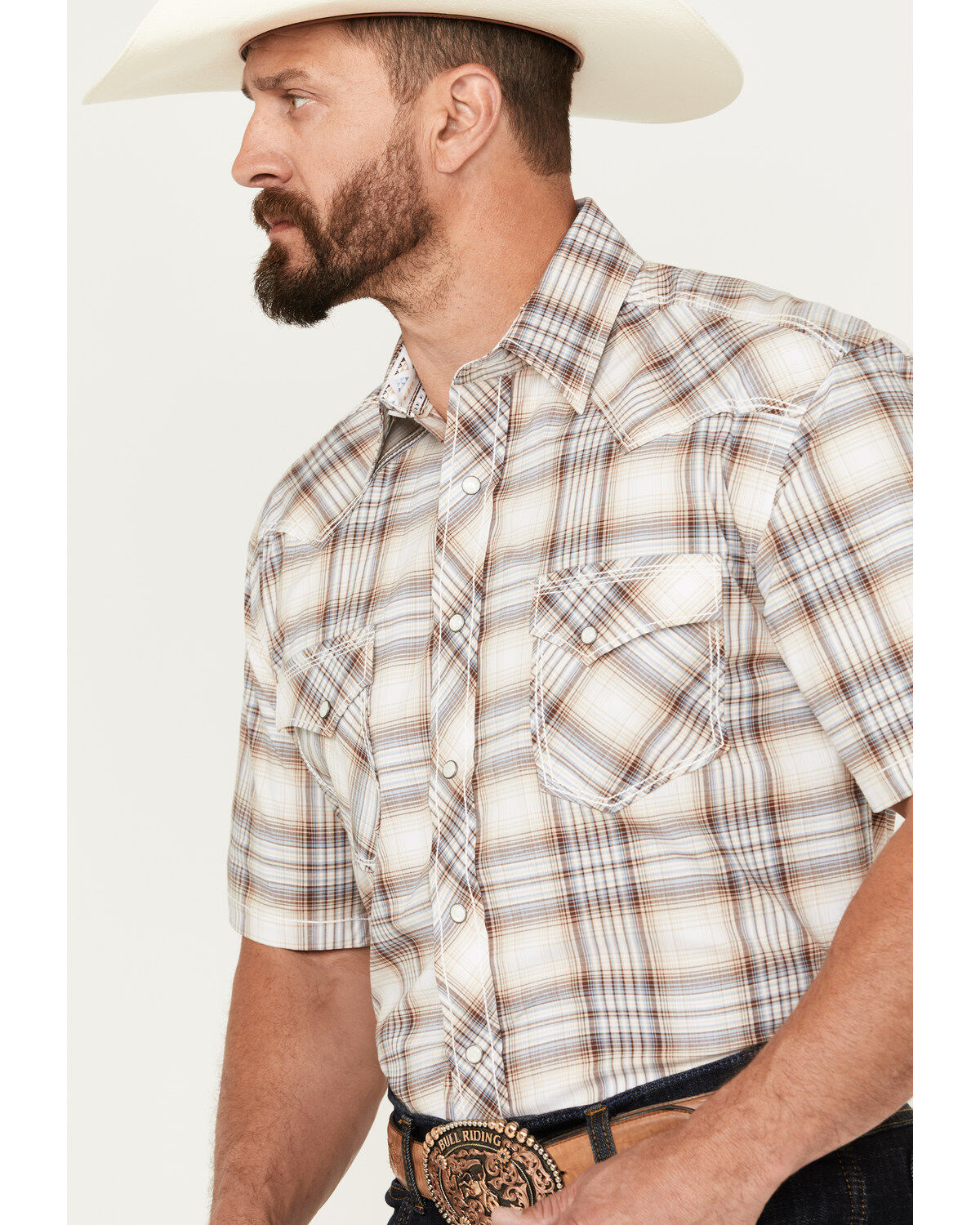 Image #2 - Rough Stock by Panhandle Men's Ombre Plaid Print Short Sleeve Pearl Snap Western Shirt, , hi-res