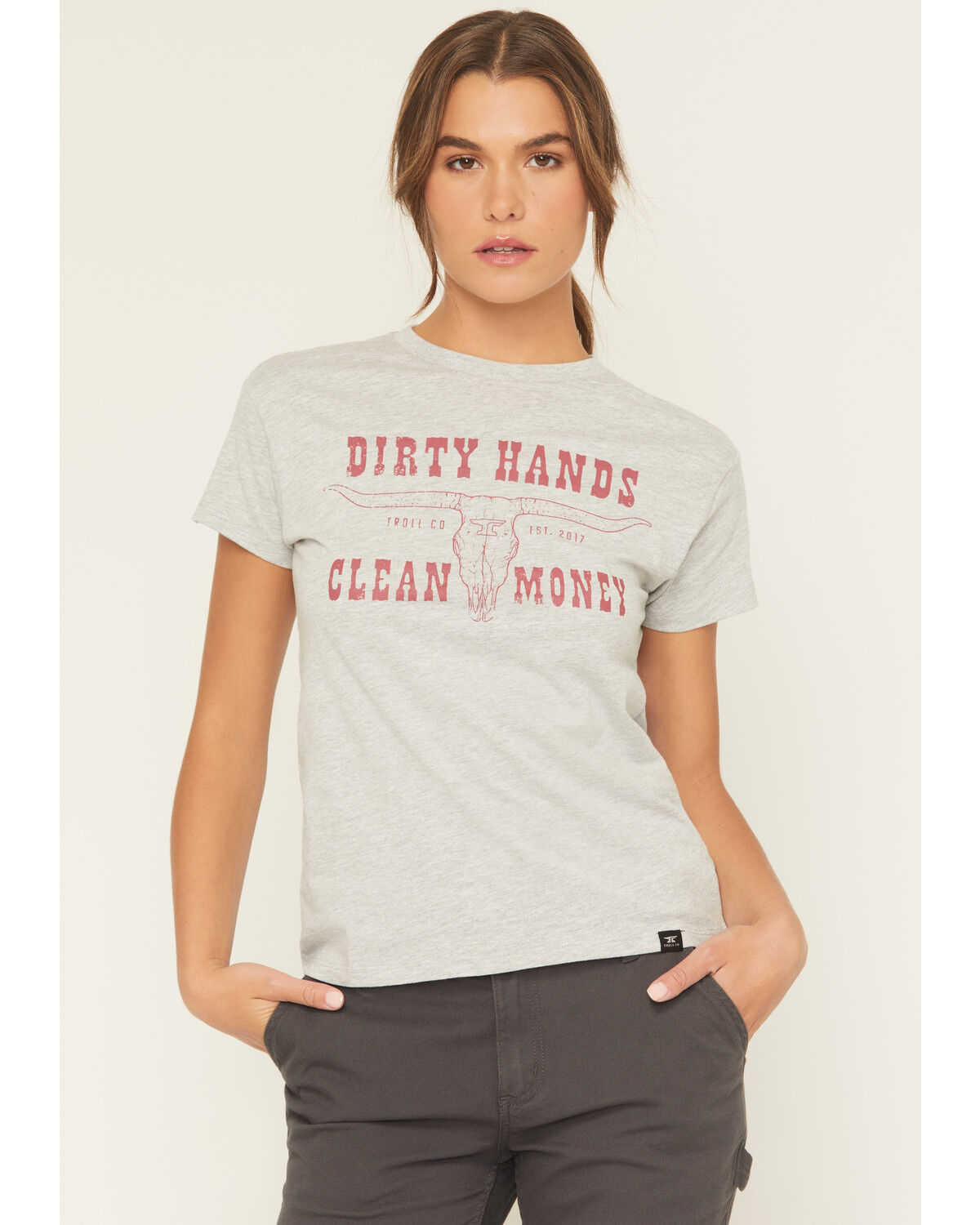 Image #1 - Troll Co Women's Dirty Hands Clean Money Longhorn Short Sleeve Graphic Tee, Heather Grey, hi-res