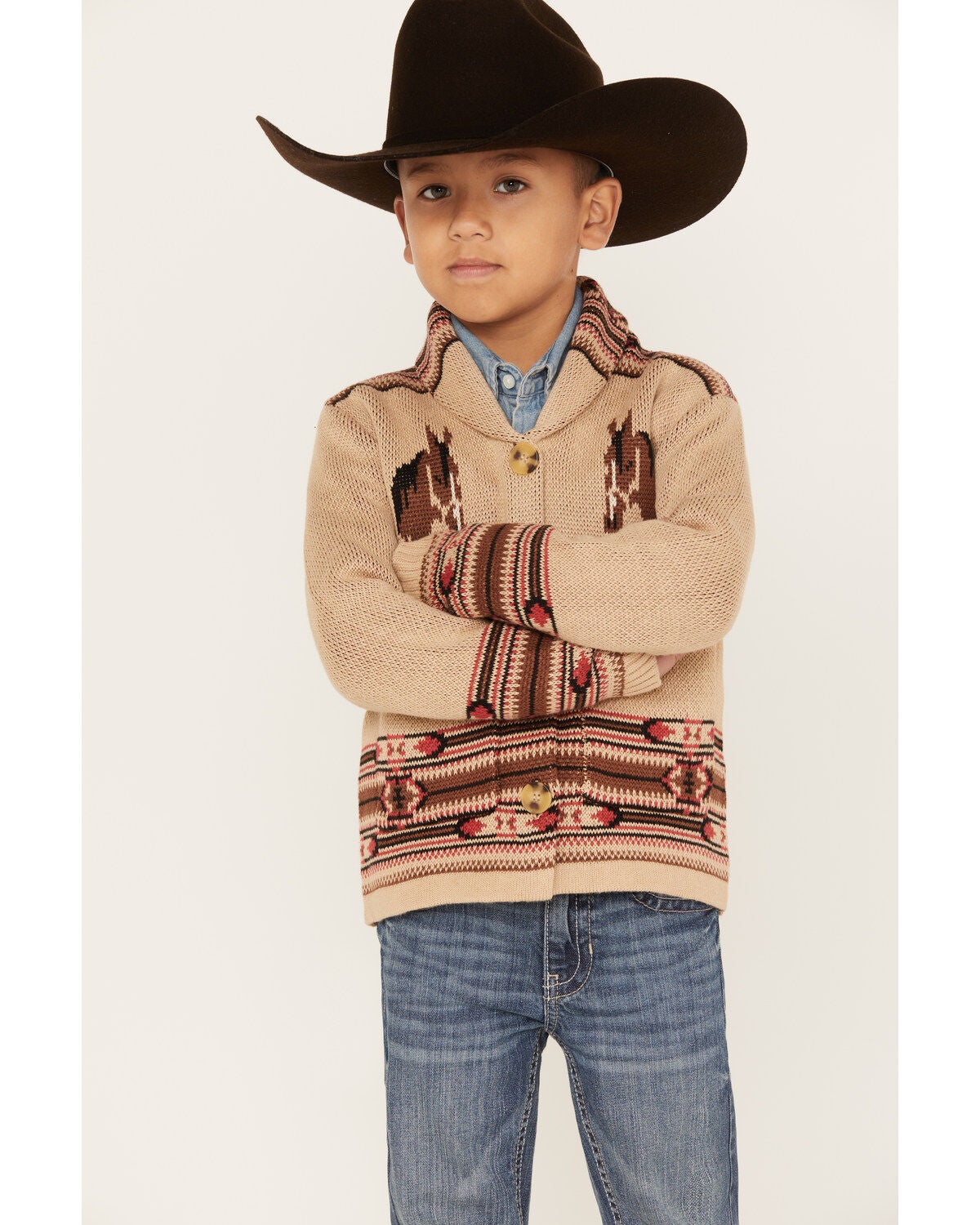 Cotton & Rye Boys' Horse Graphic Button-Down Cardigan, Tan, hi-res