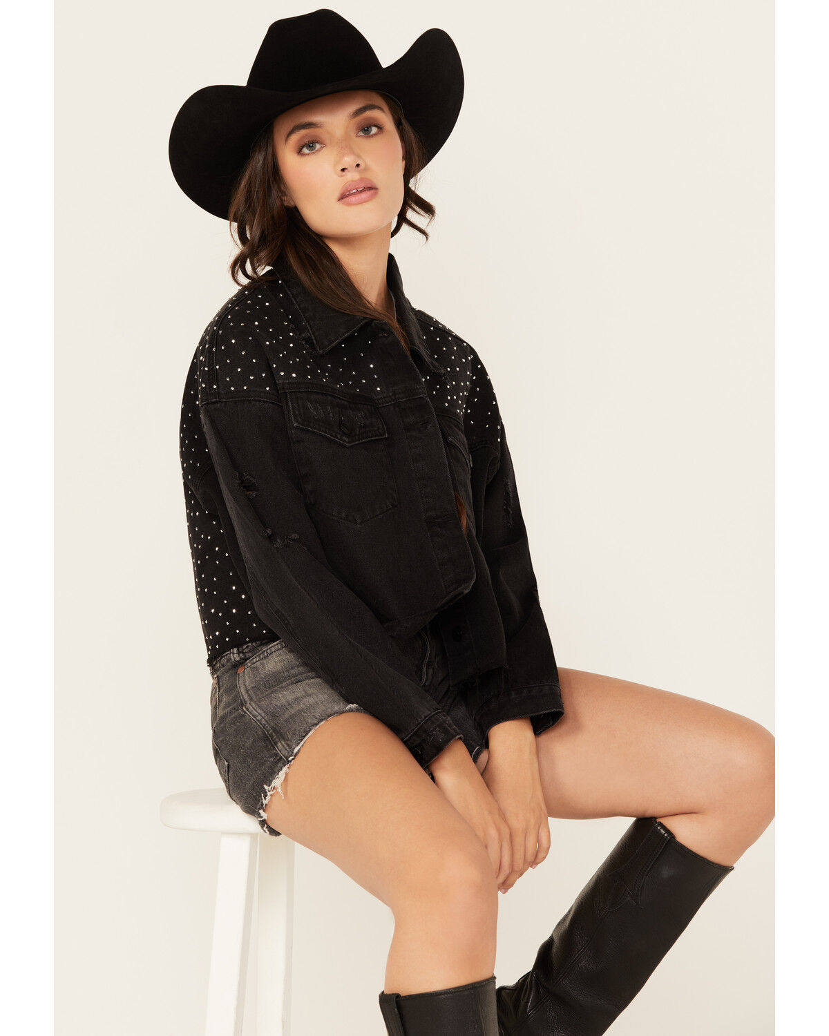 Blue B Women's Rhinestone Studded Cropped Denim Jacket, Black, hi-res