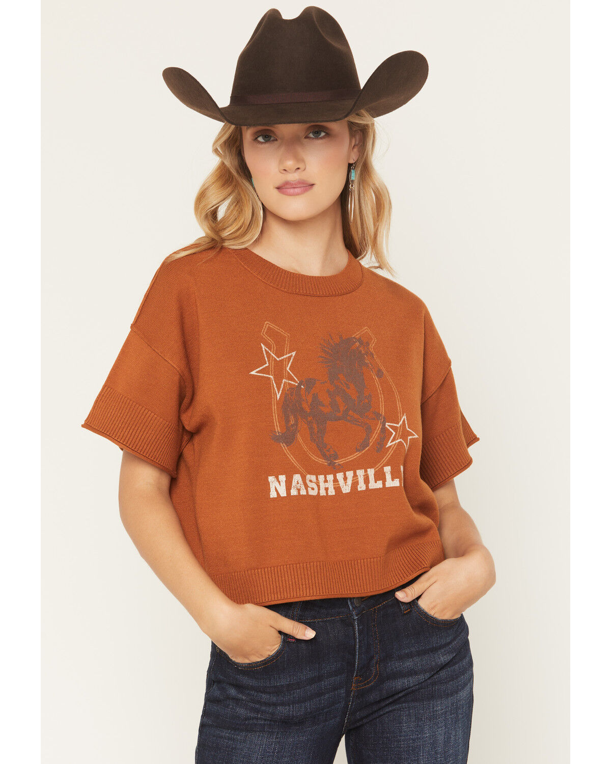 Originality Women's Nashville Horse Short Sleeve Graphic Sweater, Rust Copper, hi-res