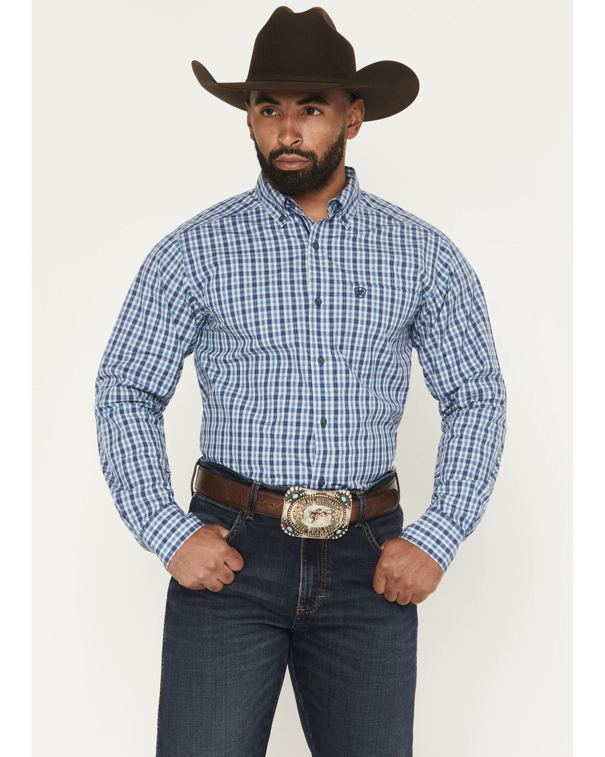 Image #1 - Ariat Men's Pro Series Stephan Plaid Print Long Sleeve Button-Down Stretch Western Shirt, Navy, hi-res