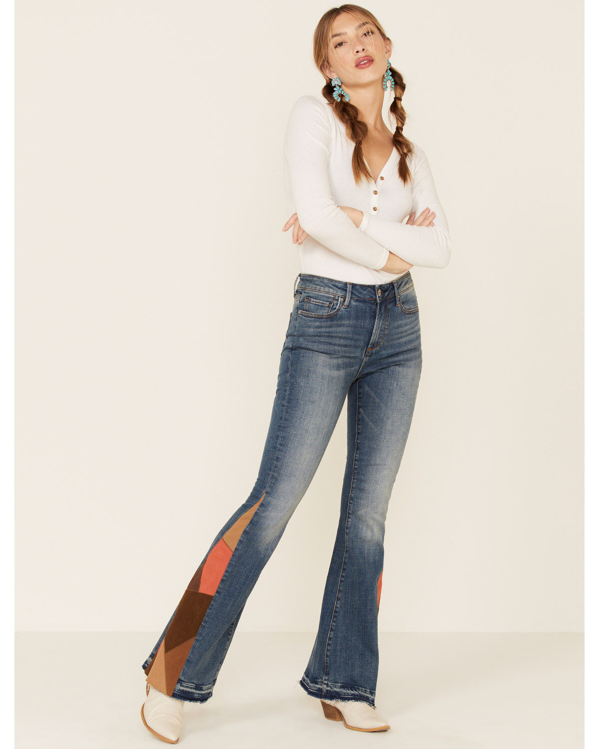 Image #1 - Driftwood Women’s Medium Wash Suede Patchwork Flare Jeans, , hi-res