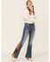 Driftwood Women’s Medium Wash Suede Patchwork Flare Jeans , Blue, hi-res