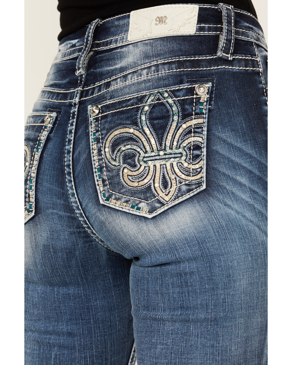 Product Name:  Miss Me Women's Dark Wash Mid Rise Fleur de Lis Bootcut Stretch Denim Jeans