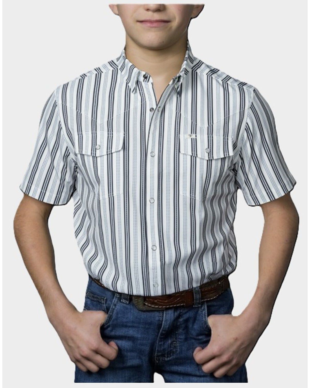 Image #1 - Ferrell Boys' Jake Tek Striped Print Short Sleeve Snap Performance Western Shirt, White, hi-res