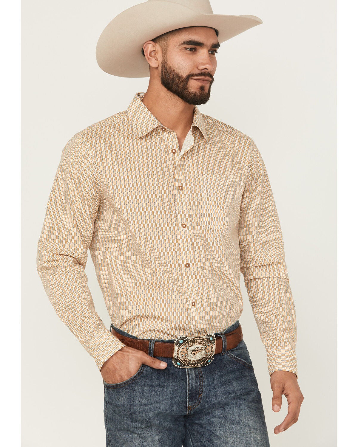 Gibson Trading Co Men's Lampshade Geo Print Long Sleeve Button-Down Stretch Western Shirt, Gold, hi-res