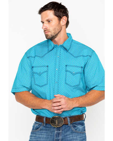 Wrangler 20X Men's Competition Geo Print Short Sleeve Snap Western Shirt, Turquoise, hi-res