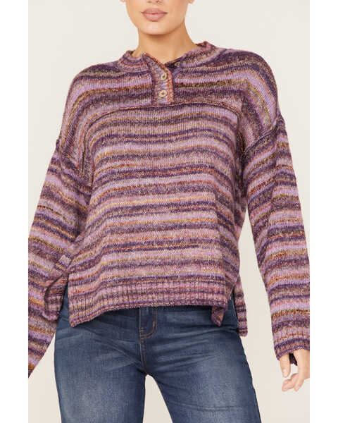 Cleo + Wolf Women's Space Dye Henley Sweater, Violet, hi-res