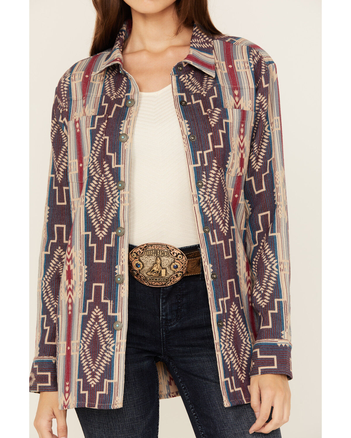 Image #3 - Shyanne Women's Southwestern Striped Long Sleeve Concho Snap Western Shirt, Fuchsia, hi-res