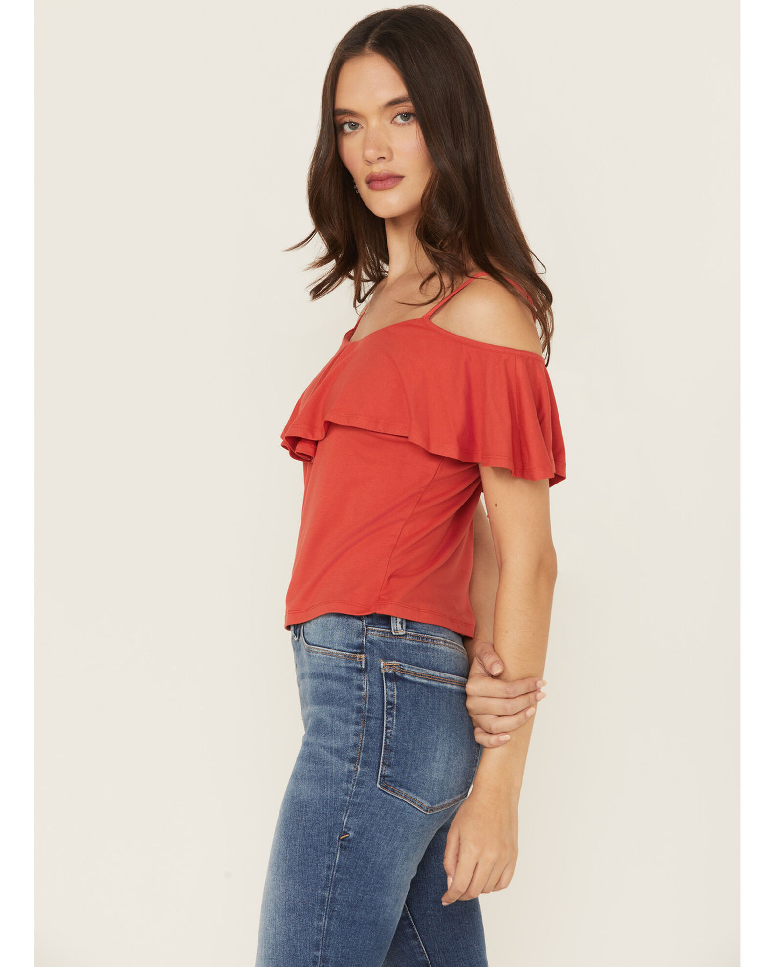 Image #2 - Shyanne Women's Cold Shoulder Ruffle Tank Top, Red, hi-res