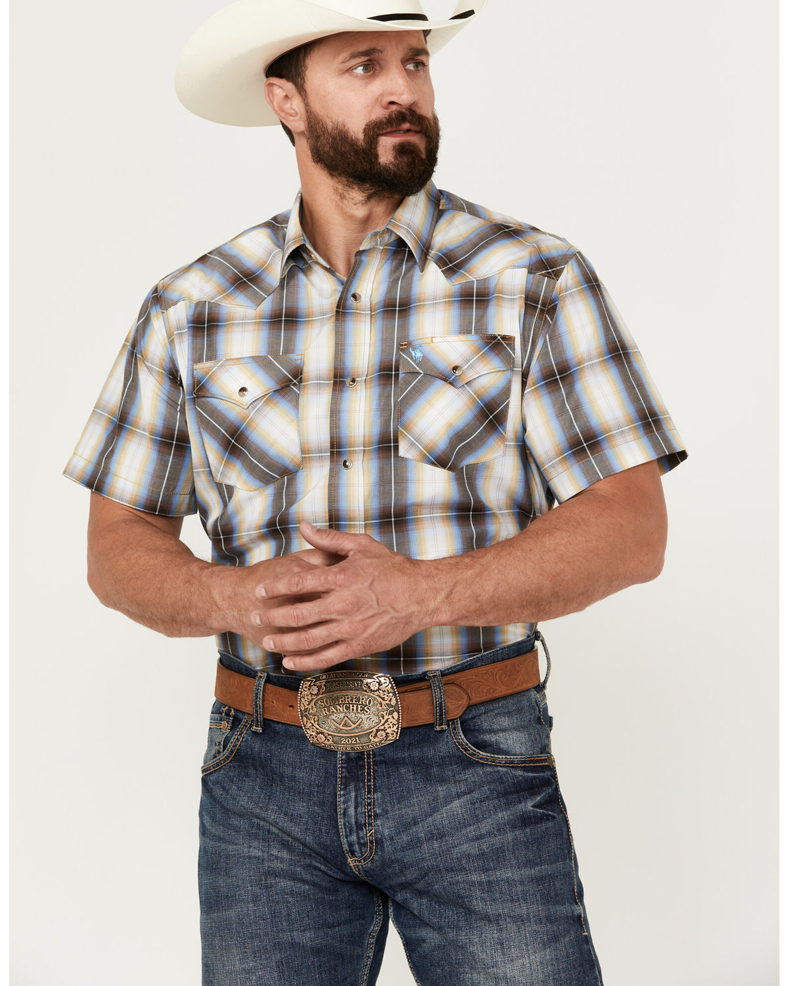 Rodeo Clothing Men's Plaid Print Short Sleeve Snap Western Shirt
