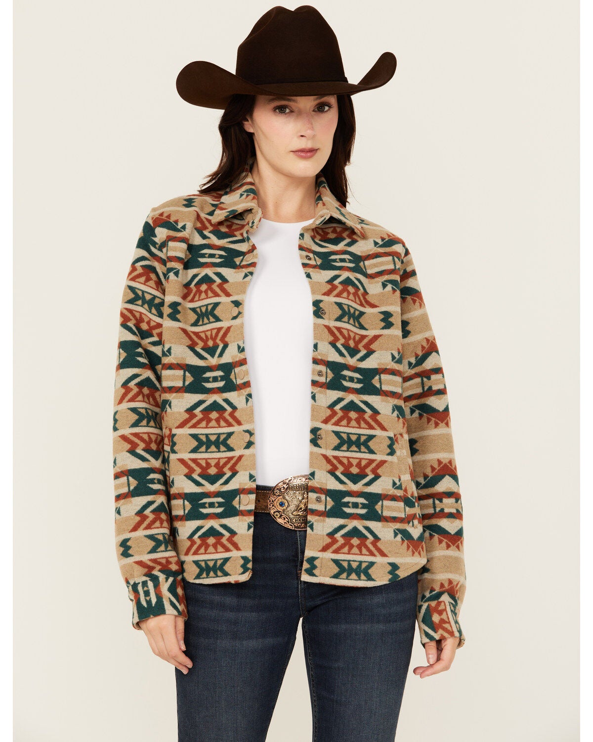 Outback Trading Co Women's Daphne Southwestern Snap Shacket, Cream, hi-res