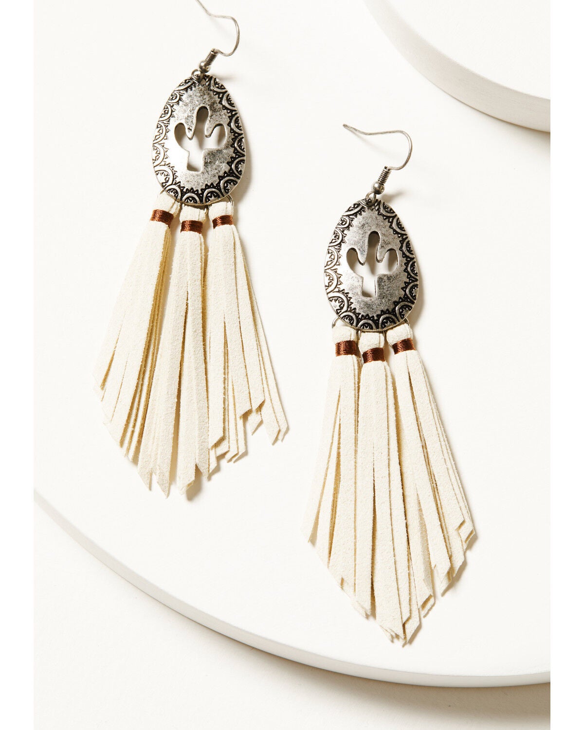 Image #1 - Shyanne Women's Isla Oasis Stamped Cactus Fringe Statement Earrings, Cream, hi-res