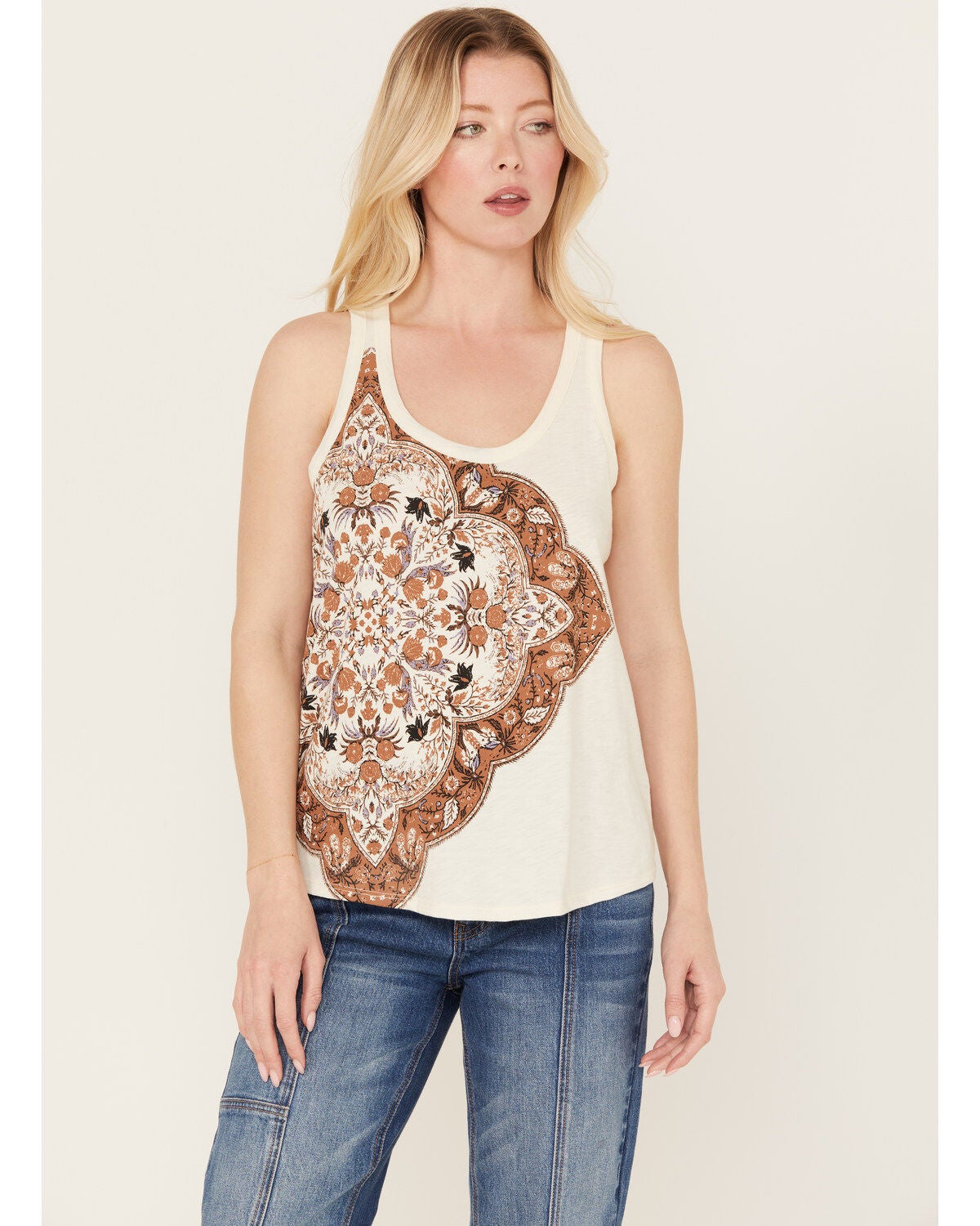 Shyanne Women's Bohemian Graphic Tank, Cream, hi-res