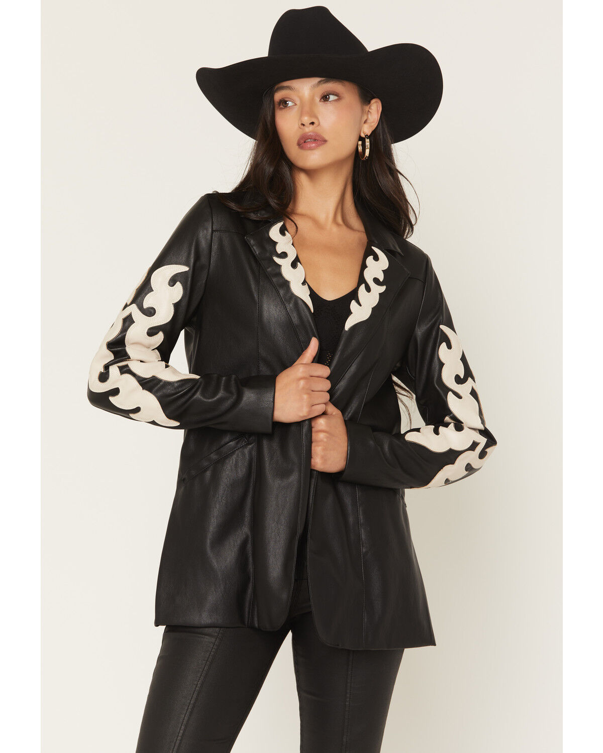 Image #1 - Rock & Roll Denim Women's Two Tone Western Pleather Blazer, Black, hi-res