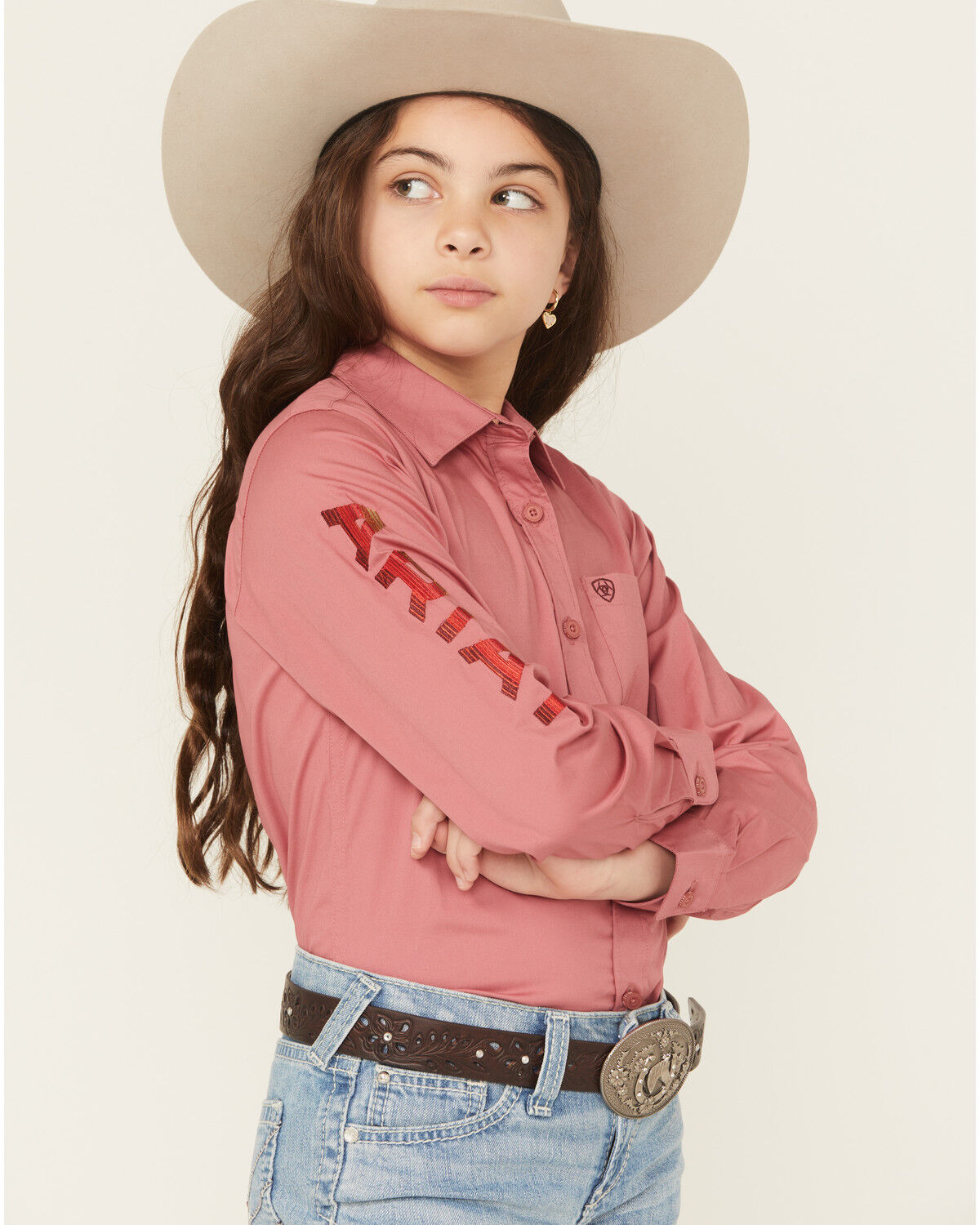 Image #2 - Ariat Girls' Team Kirby Long Sleeve Button-Down Stretch Western Shirt, Pink, hi-res