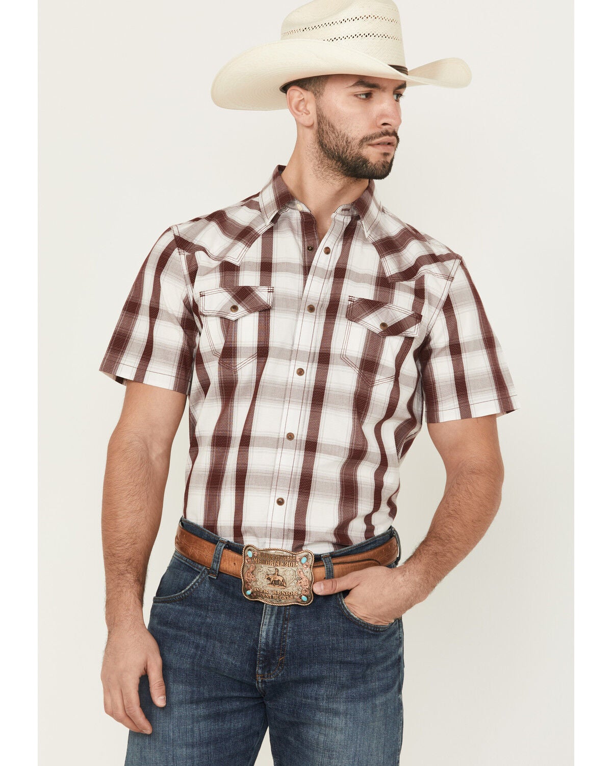 Moonshine Spirit&reg; Men's Memphis Plaid Print Short Sleeve Snap Western Shirt, Burgundy, hi-res
