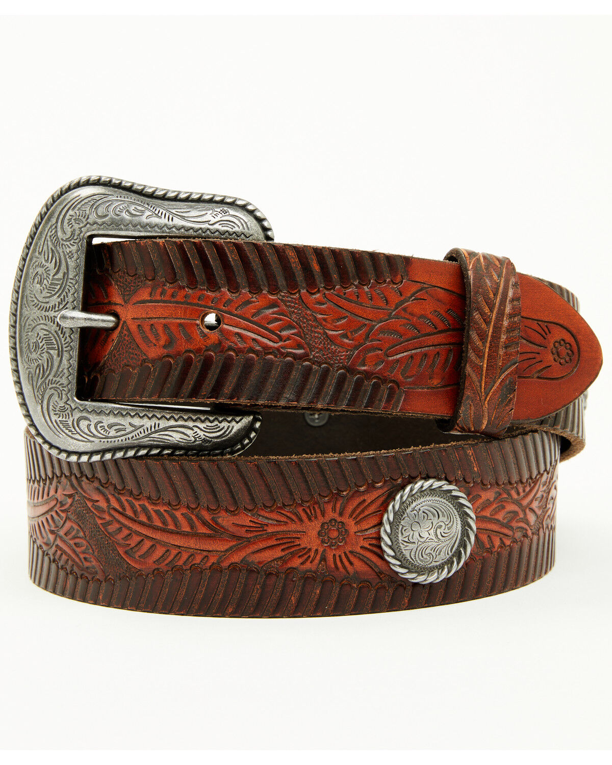 Image #2 - Shyanne Women's Morgan Embossed Floral Leather Belt, Brown, hi-res