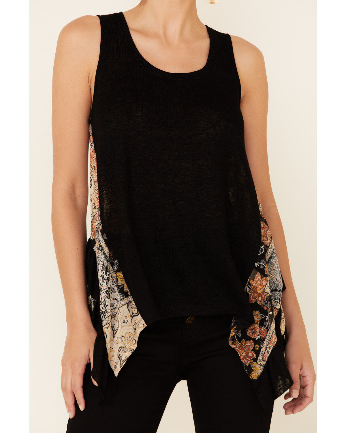 Image #3 - Mystree Women's Contrast Floral Boho Back Tank Top, Black, hi-res