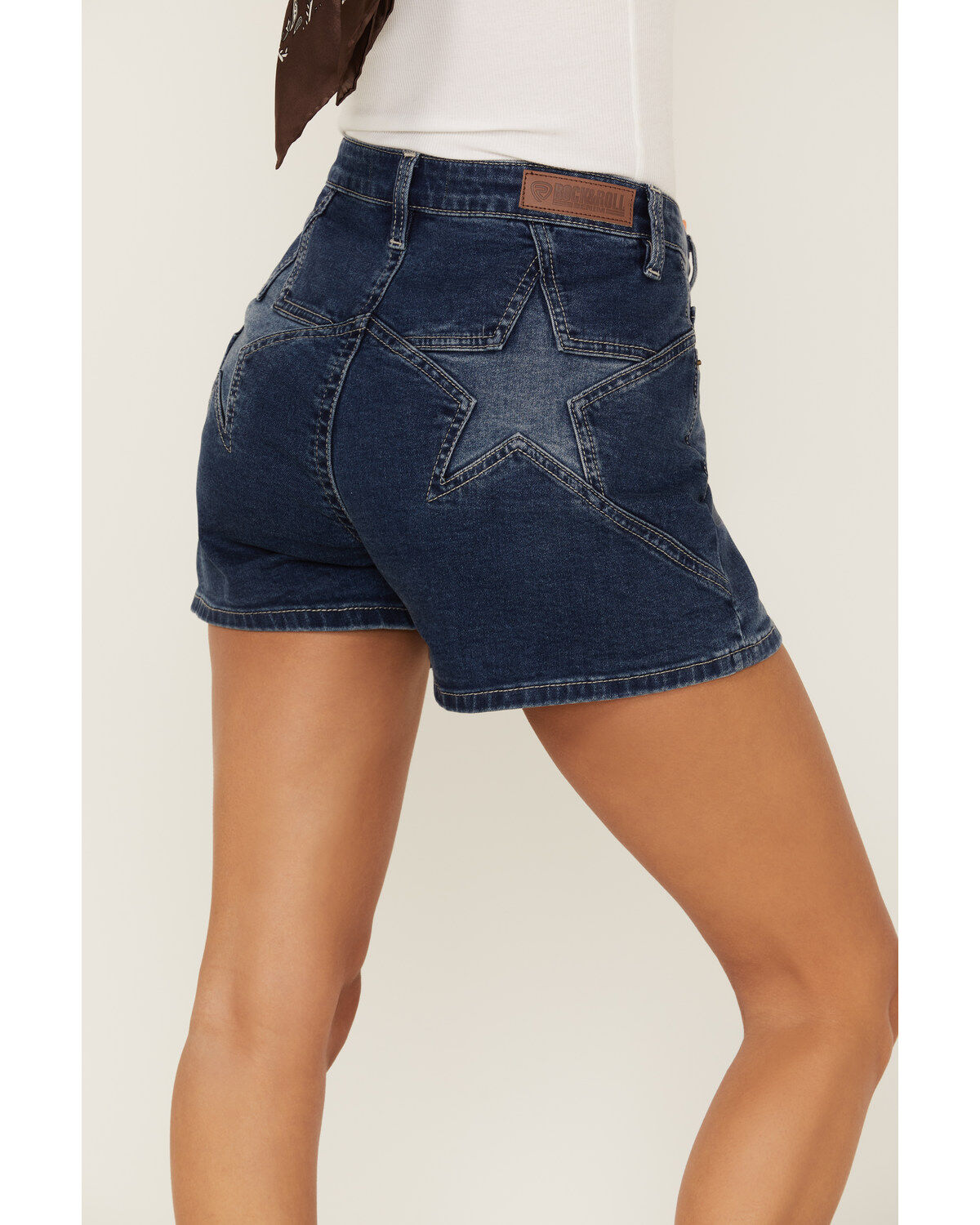 Image #4 - Rock & Roll Denim Women's Dark Wash High Rise Star Denim Shorts, Blue, hi-res