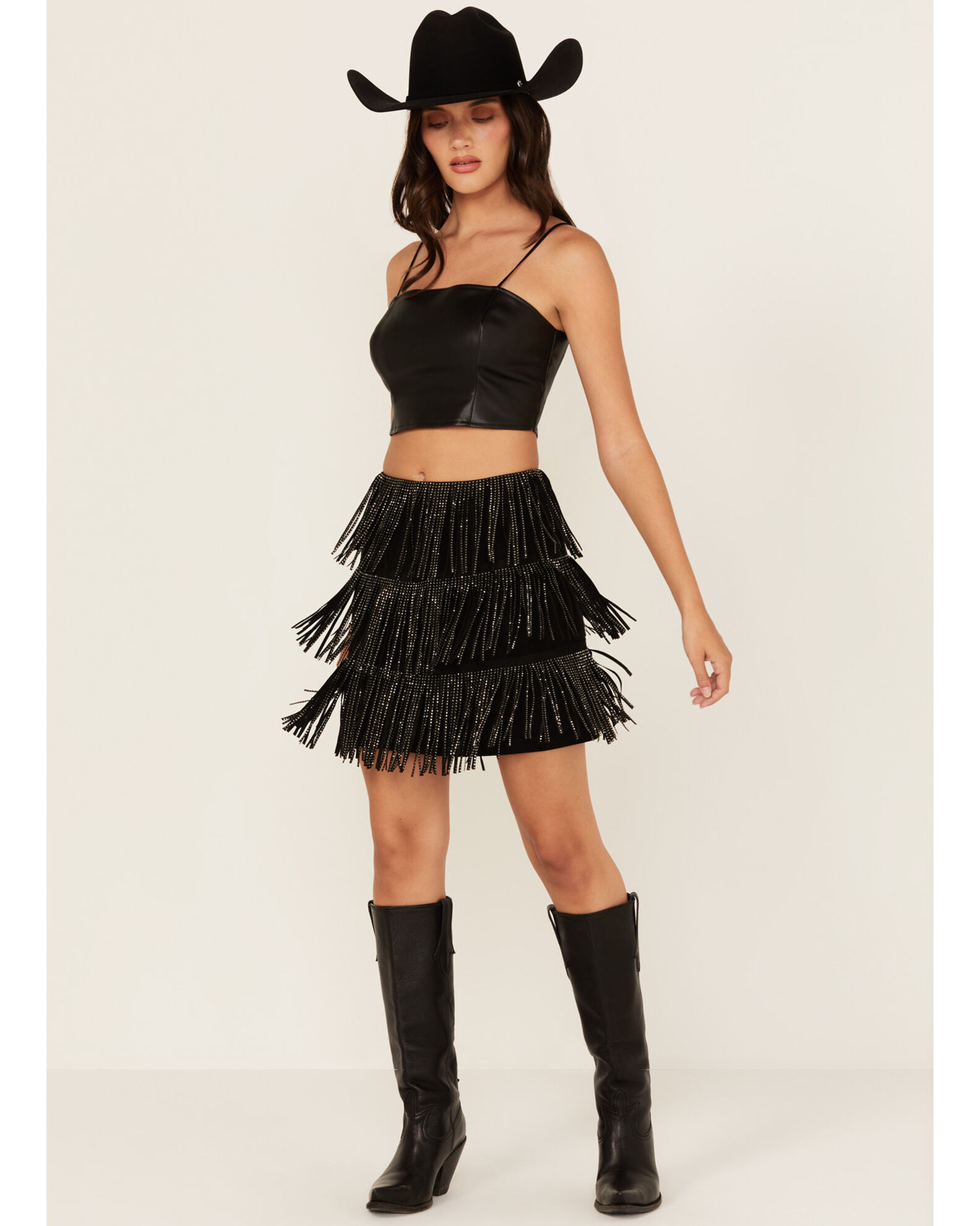 Product Name Fornia Women s Rhinestone Fringe Faux Suede Mini Skirt