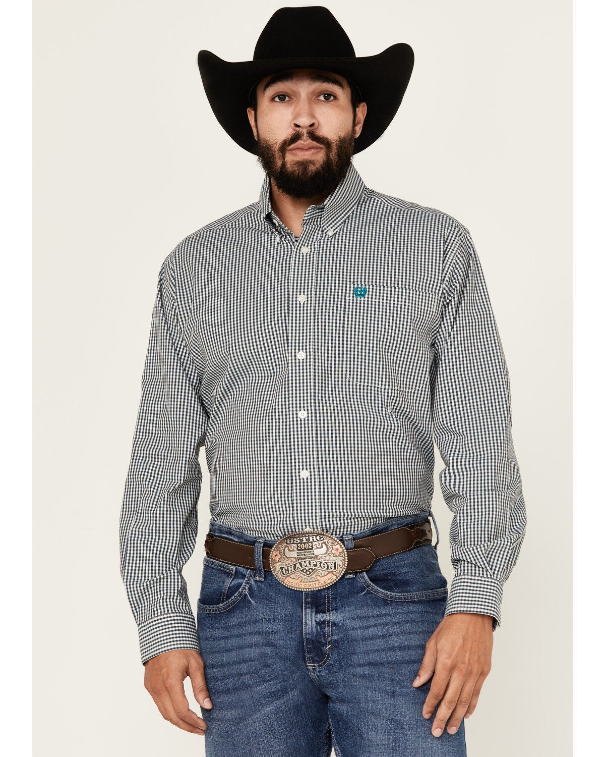 Cinch Men's Checkered Print Long Sleeve Button-Down Stretch Western Shirt, Teal, hi-res