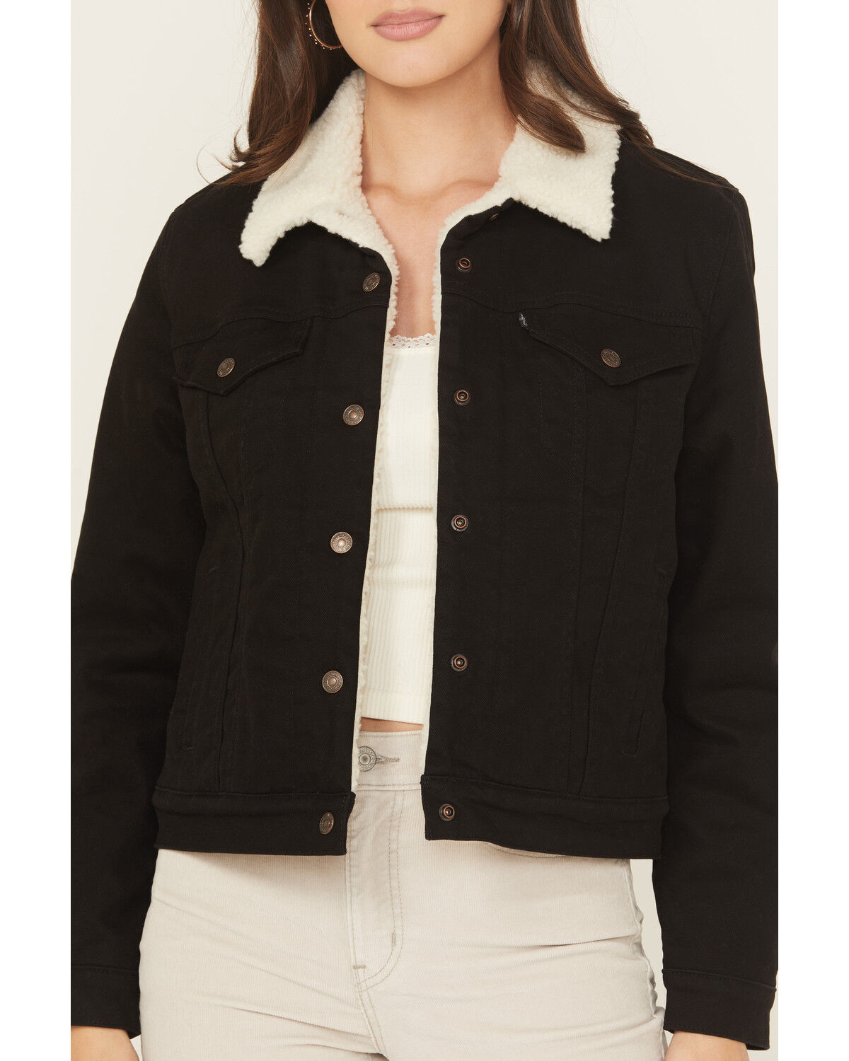 Image #3 - Levi's Women's Original Sherpa Lined Snap Trucker Denim Jacket, Black, hi-res