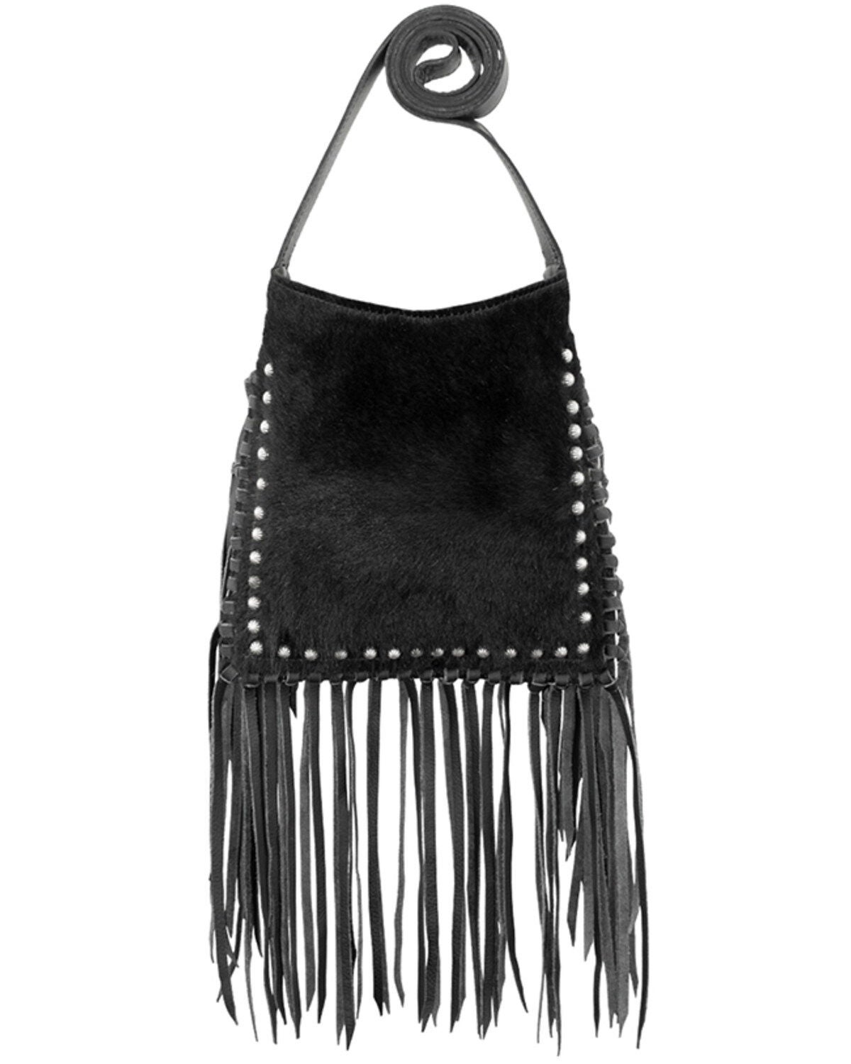 American West Women's Hair-On Studded Fringe Crossbody Messenger, Black, hi-res