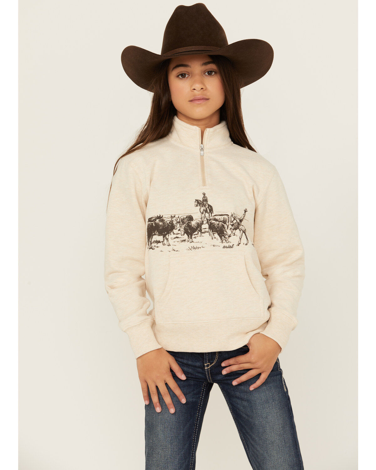 Image #1 - Ariat Girls' Horses Graphic Pullover, Beige, hi-res