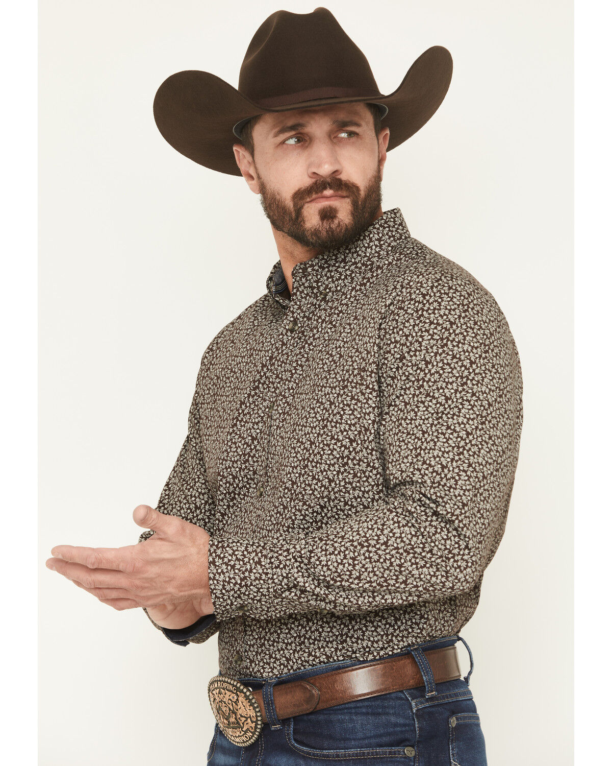 Image #2 - Cody James Men's Denali Ridge Micro Floral Print Long Sleeve Snap Western Shirt, Dark Brown, hi-res