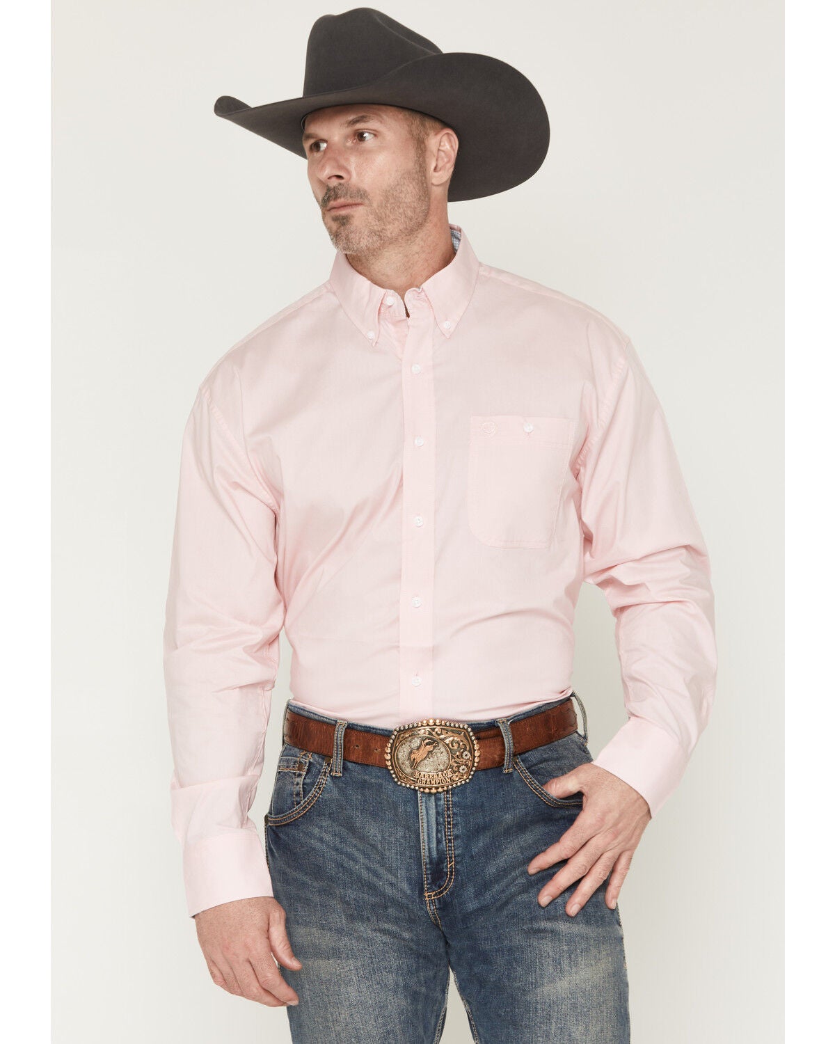 George Strait by Wrangler Men's Solid Long Sleeve Button-Down Stretch Western Shirt, Pink, hi-res